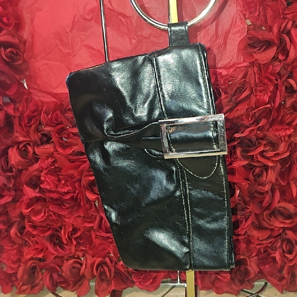 Women's Elegant Black Leather Like Belt Buckle Clutch with Bracelet Ring